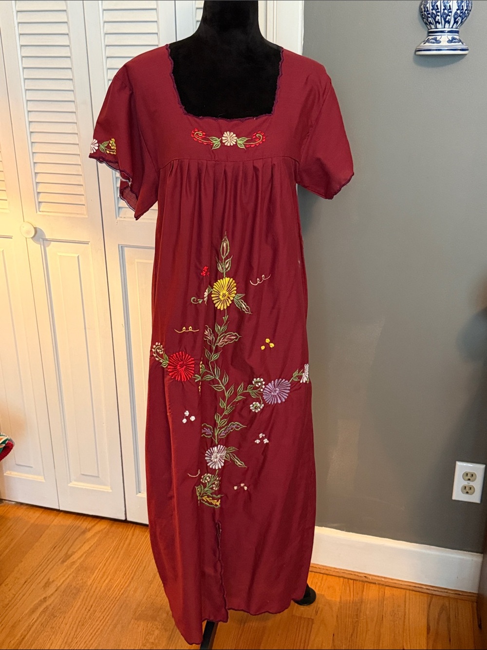 Boho Embroidered Maxi Dress in Burgundy